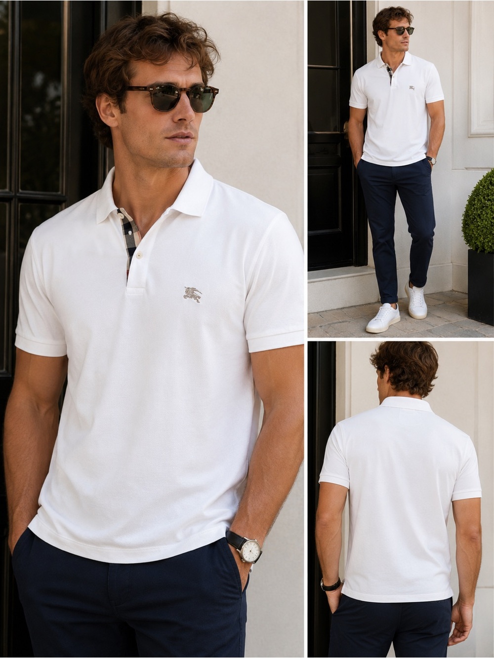 Burberry Men’s White Cotton Piqué Polo Nova Check Placket Logo Size M